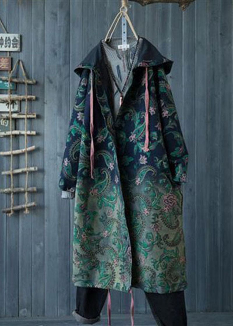 Casual Grön Gradient Färg Hooded Fickor Print Bomull Denim Trench Spring