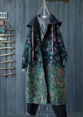 Casual Grön Gradient Färg Hooded Fickor Print Bomull Denim Trench Spring