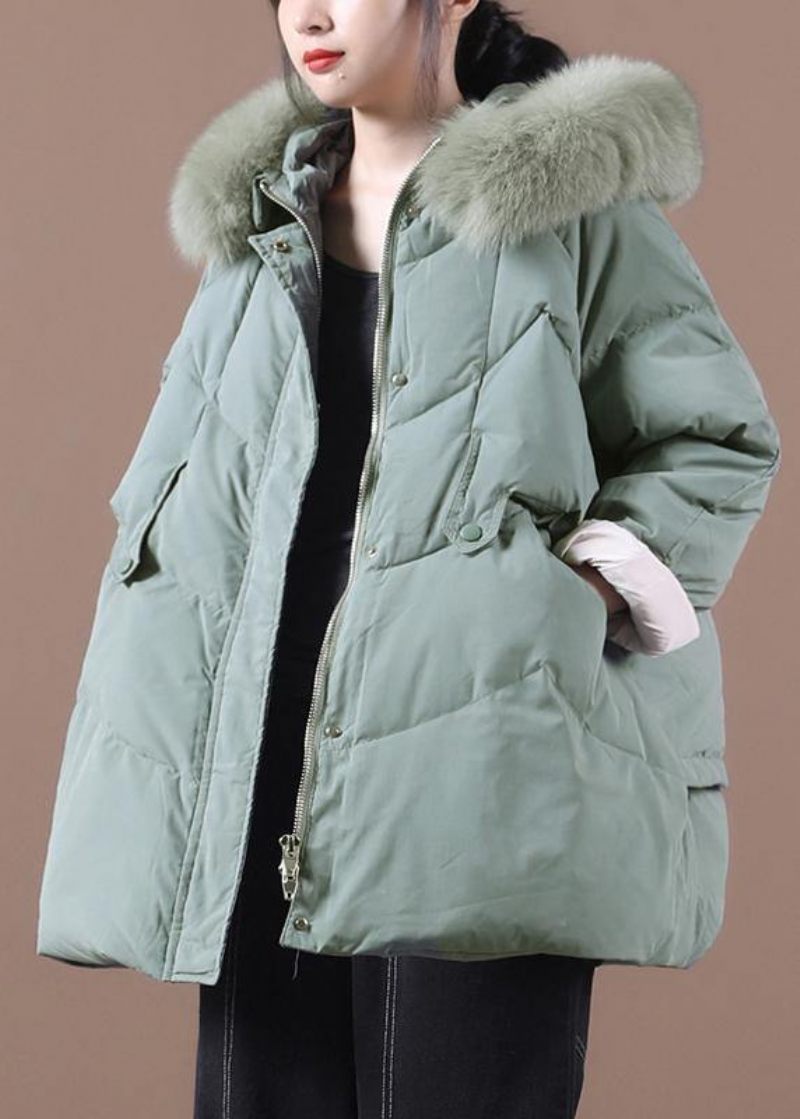 Casual Grön Varm Vinterkappa Plus Size Kläder Parka Huva Pälskrage Kappor