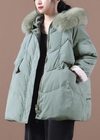 Casual Grön Varm Vinterkappa Plus Size Kläder Parka Huva Pälskrage Kappor