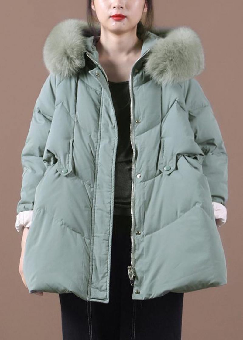 Casual Grön Varm Vinterkappa Plus Size Kläder Parka Huva Pälskrage Kappor - Dunjackor för kvinnor