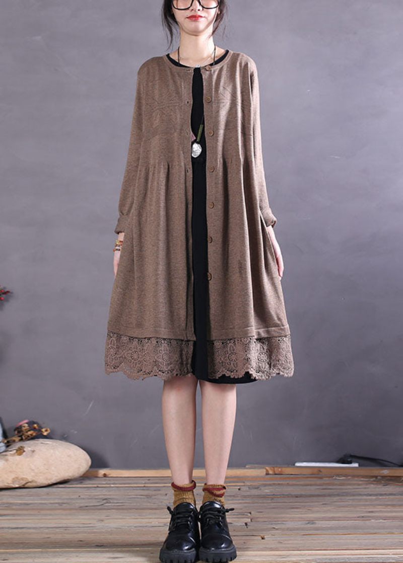 Casual Khaki Button Hollow Out Patchwork Stickad Cardigan Spring