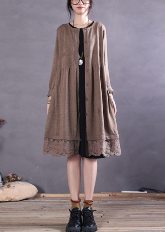 Casual Khaki Button Hollow Out Patchwork Stickad Cardigan Spring