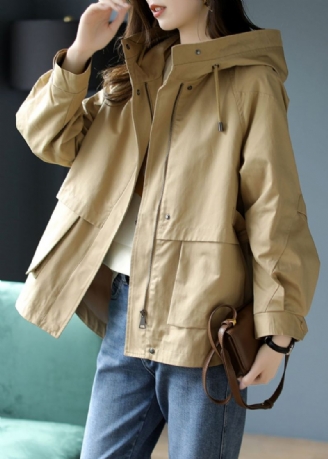 Casual Khaki Hooded Patchwork Coat Spring