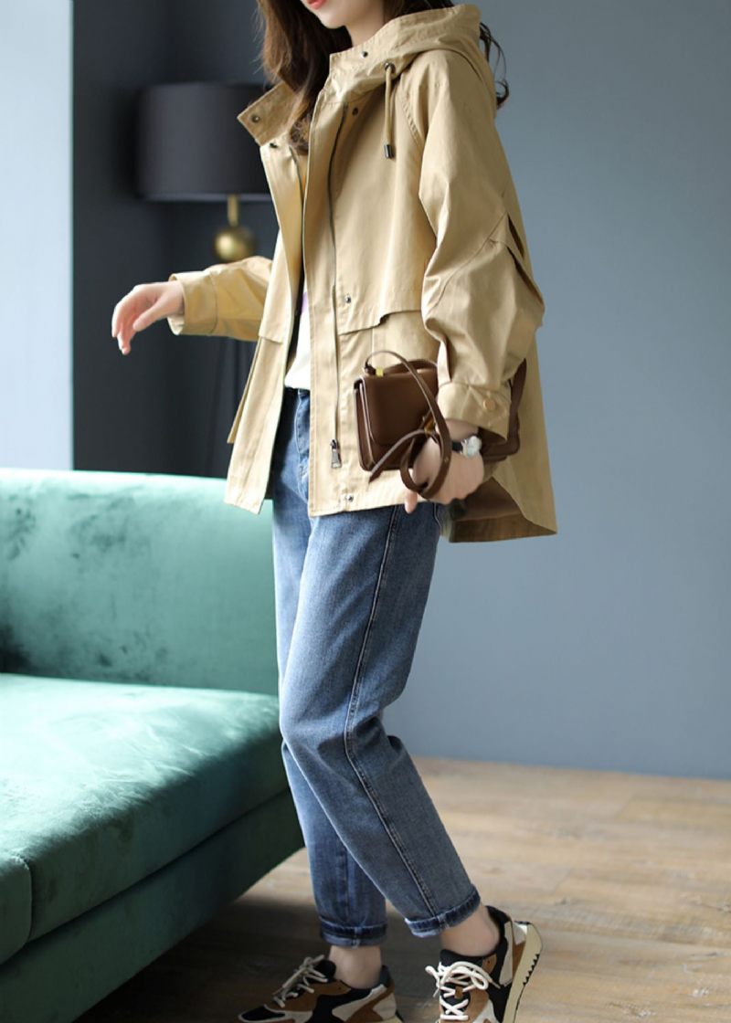 Casual Khaki Hooded Patchwork Coat Spring - Vinterkappor för kvinnor