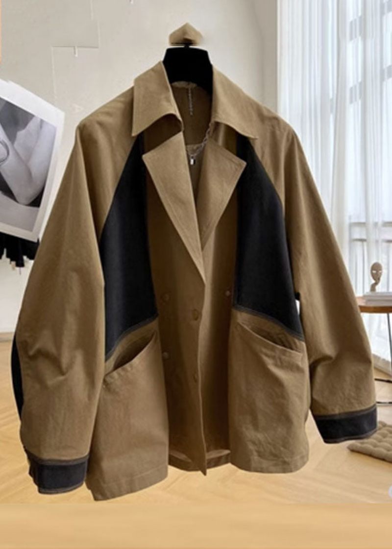 Casual Khaki Notched Fickor Patchwork Button Coat Långärmad