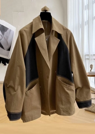 Casual Khaki Notched Fickor Patchwork Button Coat Långärmad