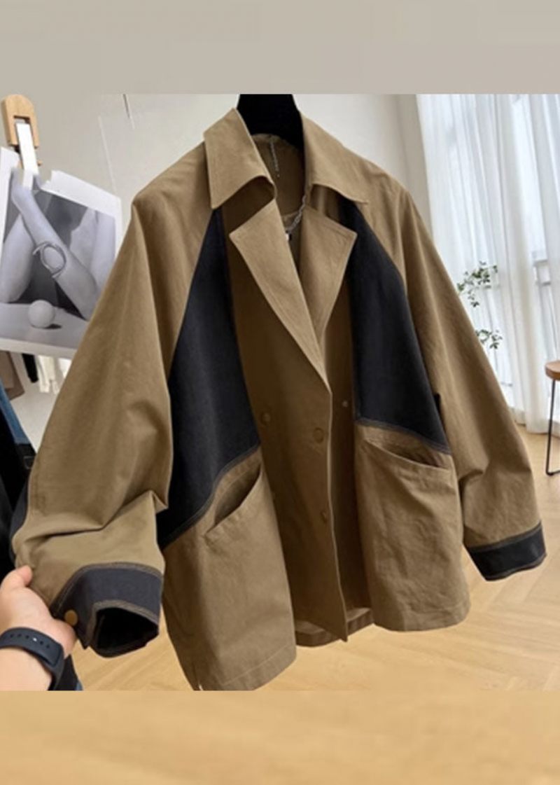 Casual Khaki Notched Fickor Patchwork Button Coat Långärmad - Kaki