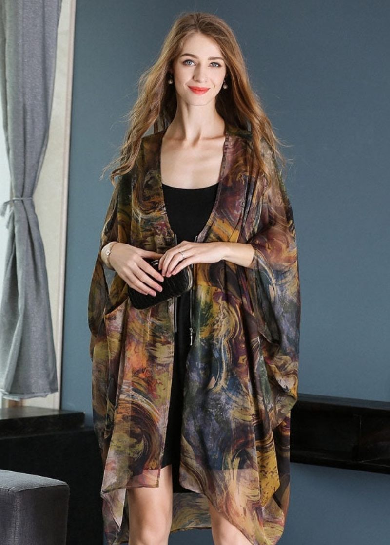 Casual Khaki Oversized Print Chiffong Upf 50+ Jacka Batwing Sleeve