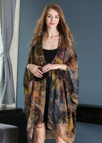 Casual Khaki Oversized Print Chiffong Upf 50+ Jacka Batwing Sleeve