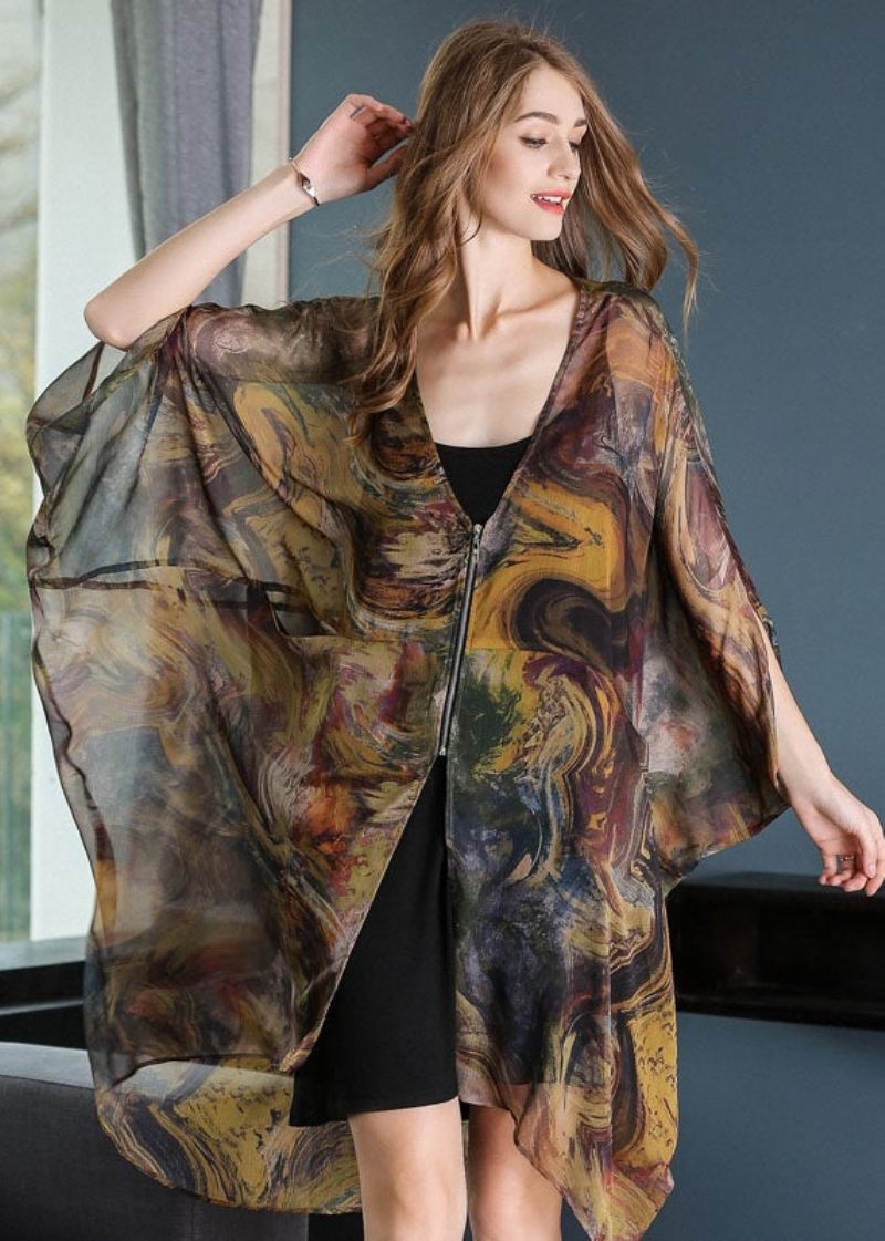 Casual Khaki Oversized Print Chiffong Upf 50+ Jacka Batwing Sleeve - Koftor för kvinnor