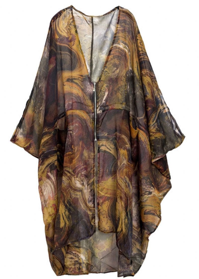 Casual Khaki Oversized Print Chiffong Upf 50+ Jacka Batwing Sleeve - Koftor för kvinnor