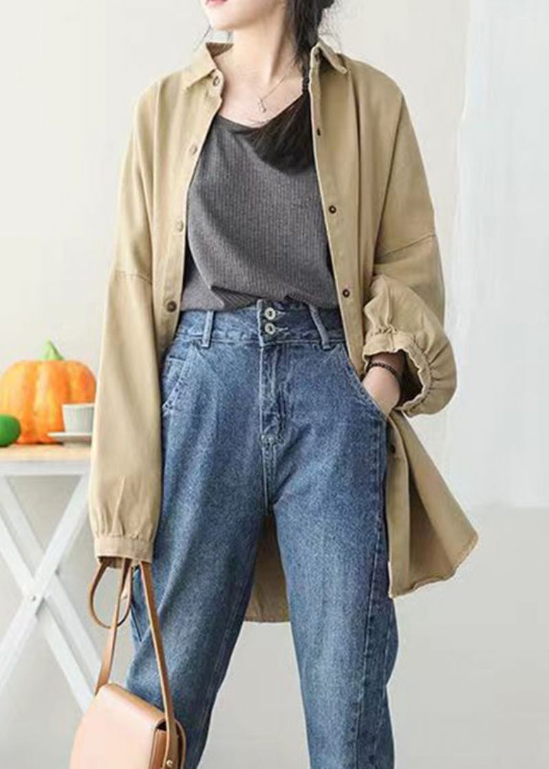 Casual Khaki Peter Pan Krage Fickor Button Mid Coat Lantern Sleeve