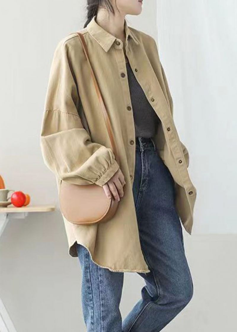 Casual Khaki Peter Pan Krage Fickor Button Mid Coat Lantern Sleeve - Vinterkappor för kvinnor