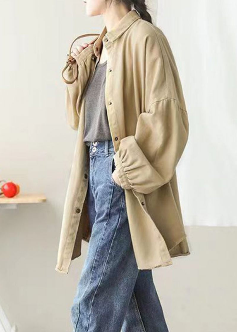 Casual Khaki Peter Pan Krage Fickor Button Mid Coat Lantern Sleeve - Vinterkappor för kvinnor