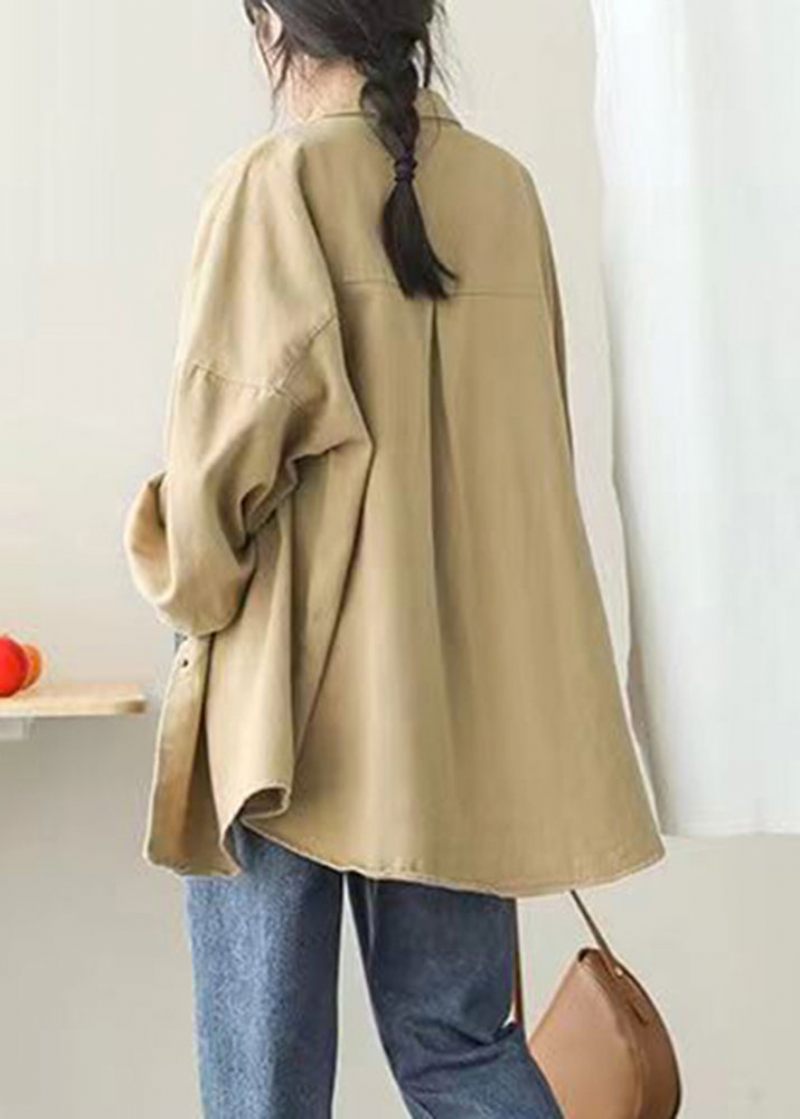 Casual Khaki Peter Pan Krage Fickor Button Mid Coat Lantern Sleeve - Vinterkappor för kvinnor