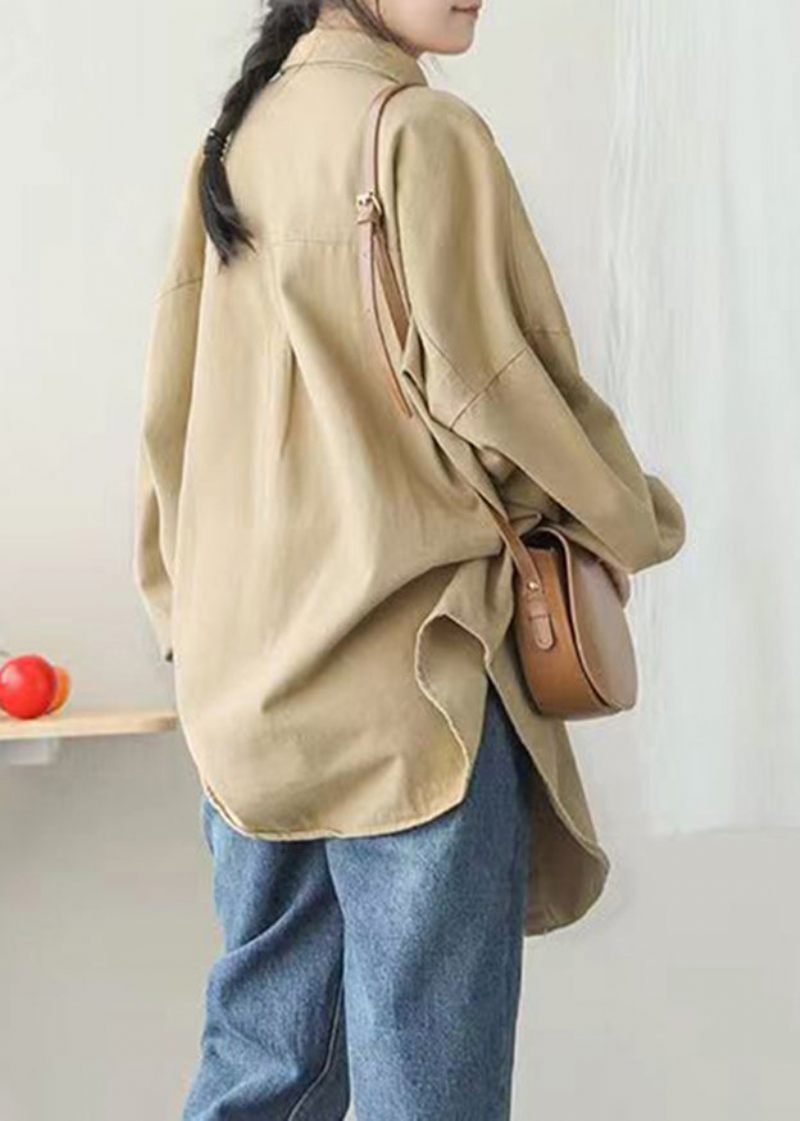 Casual Khaki Peter Pan Krage Fickor Button Mid Coat Lantern Sleeve - Vinterkappor för kvinnor