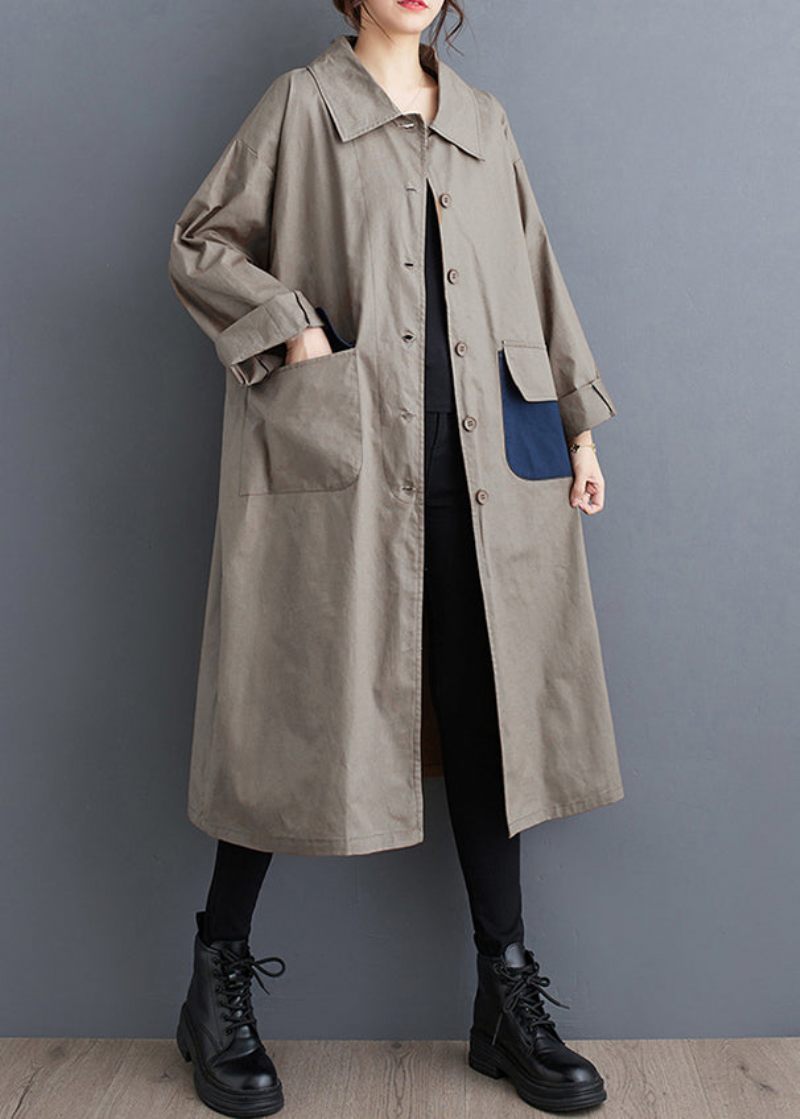 Casual Khaki Peter Pan Krage Fickor Cotton Trench Fall - Vinterkappor för kvinnor