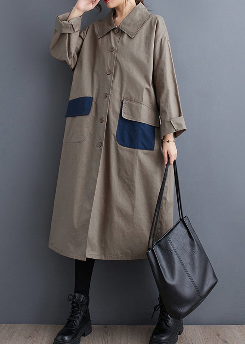 Casual Khaki Peter Pan Krage Fickor Cotton Trench Fall - Vinterkappor för kvinnor