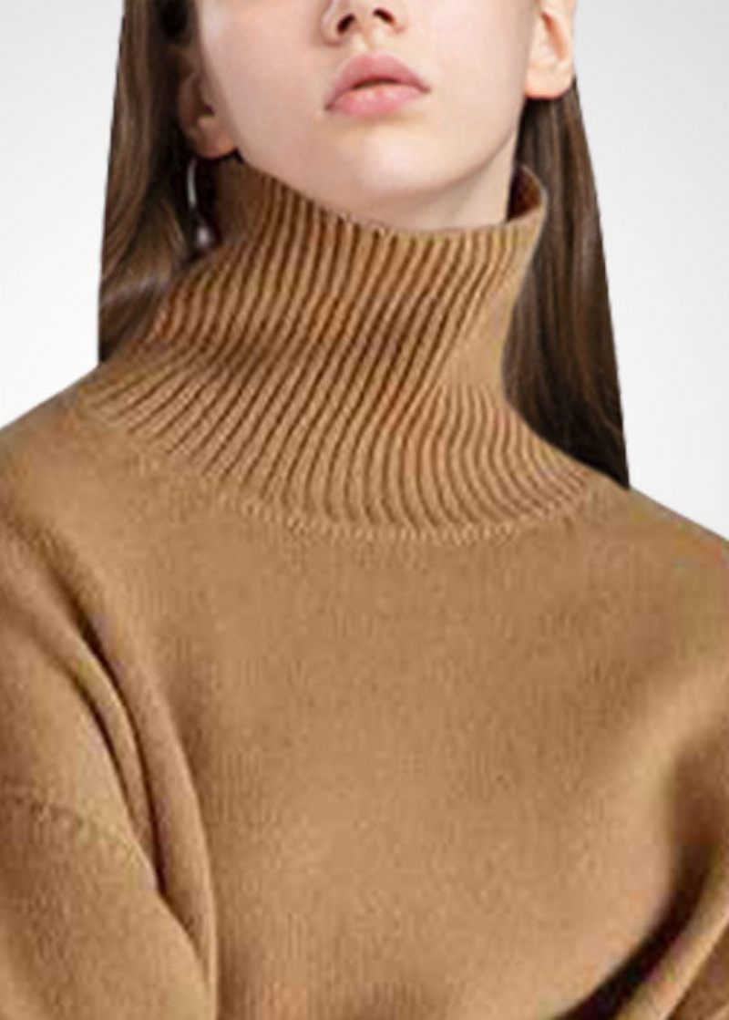 Casual Khaki Turtle Neck Låg Hög Design Mysig Ull Stickad Pullover Vinter - Ullrockar för kvinnor