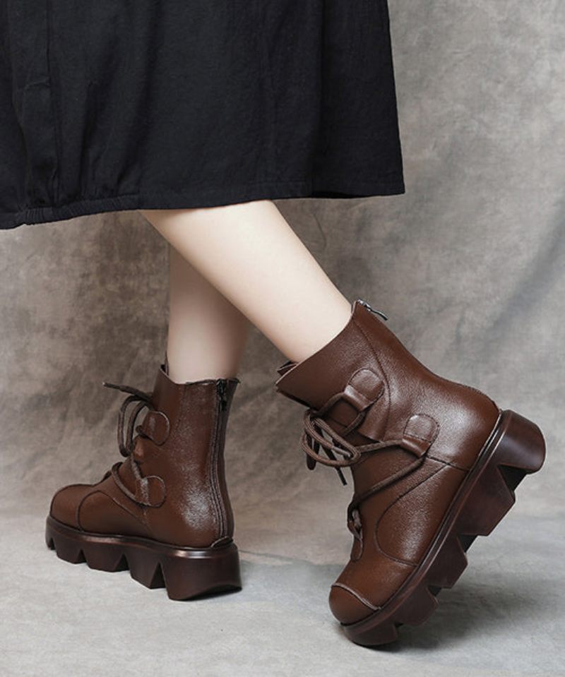 Casual Lace Up Splicing Platform Boots Mörkbrun Kohud Läder Fuzzy Wool Fodrad - Ullrockar för kvinnor