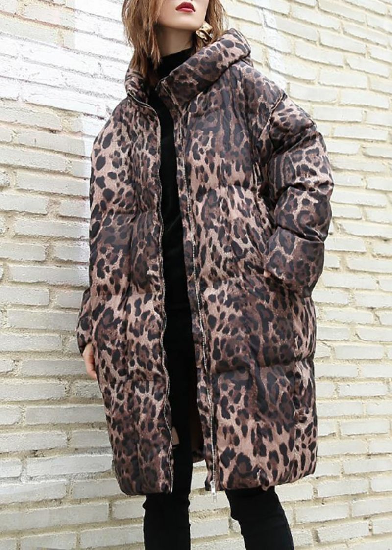 Casual Leopard Kvinnor Plus Size Kappor Vinter Huva Dragkedja Ytterkläder