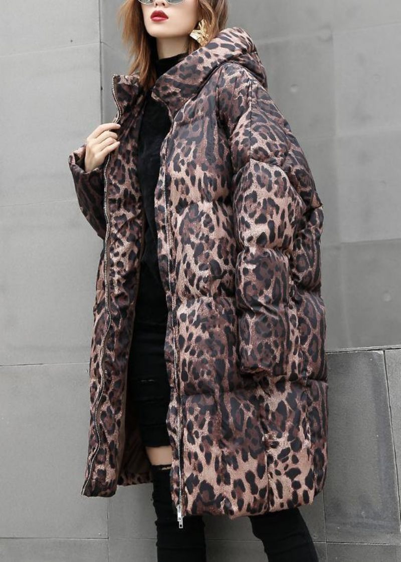 Casual Leopard Kvinnor Plus Size Kappor Vinter Huva Dragkedja Ytterkläder - Svart