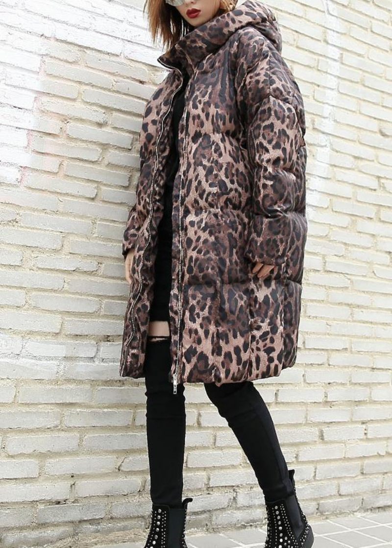 Casual Leopard Kvinnor Plus Size Kappor Vinter Huva Dragkedja Ytterkläder - Svart