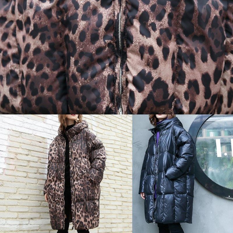 Casual Leopard Kvinnor Plus Size Kappor Vinter Huva Dragkedja Ytterkläder - Svart