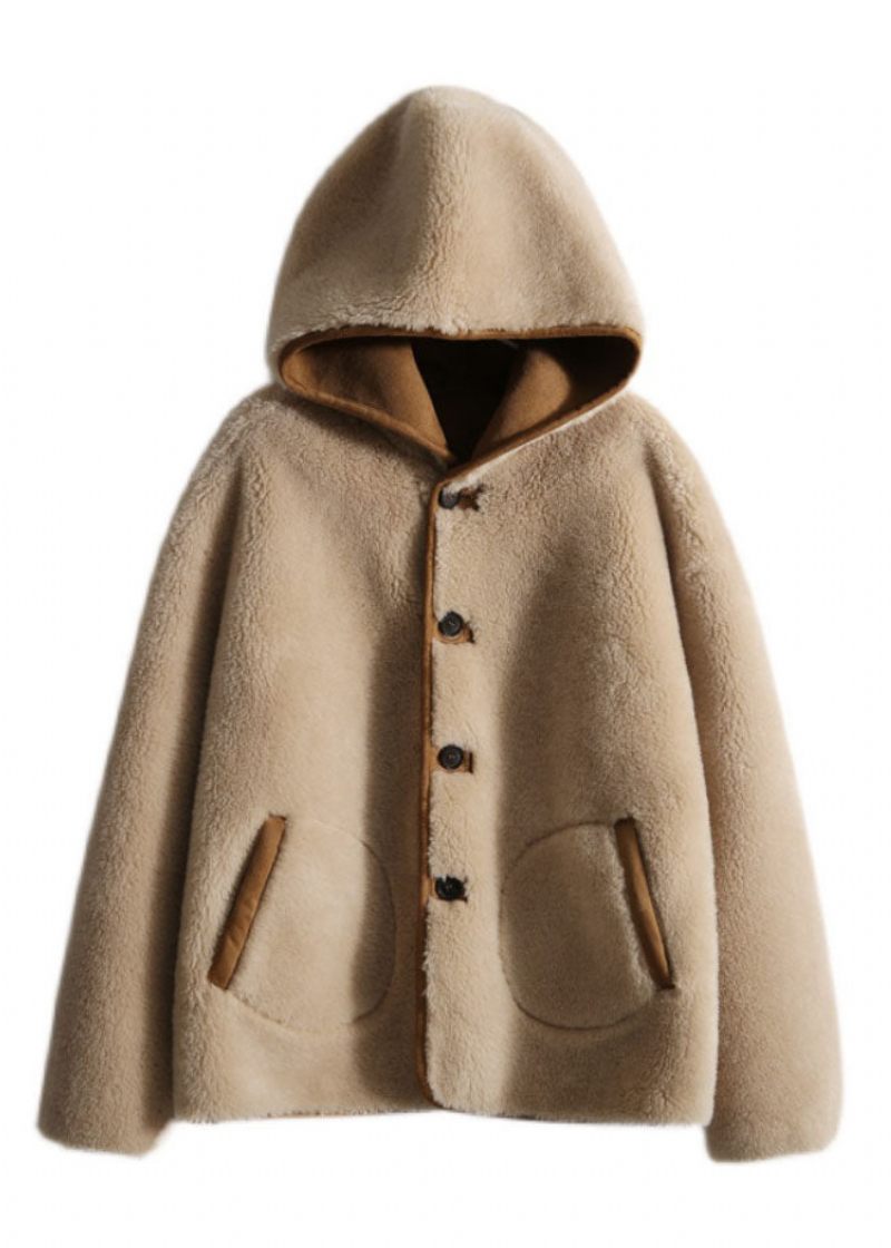 Casual Light Camel Patchwork Button Hooded Faux Fur Coats Långärmad - Vinterkappor för kvinnor