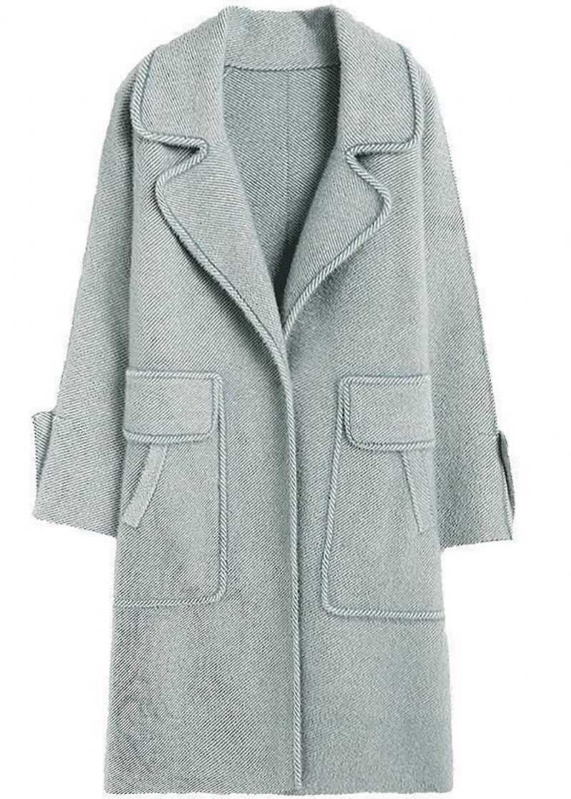 Casual Ljusblå Lapelfickor Tjock Ylle Trench Fall - Trenchcoats för kvinnor