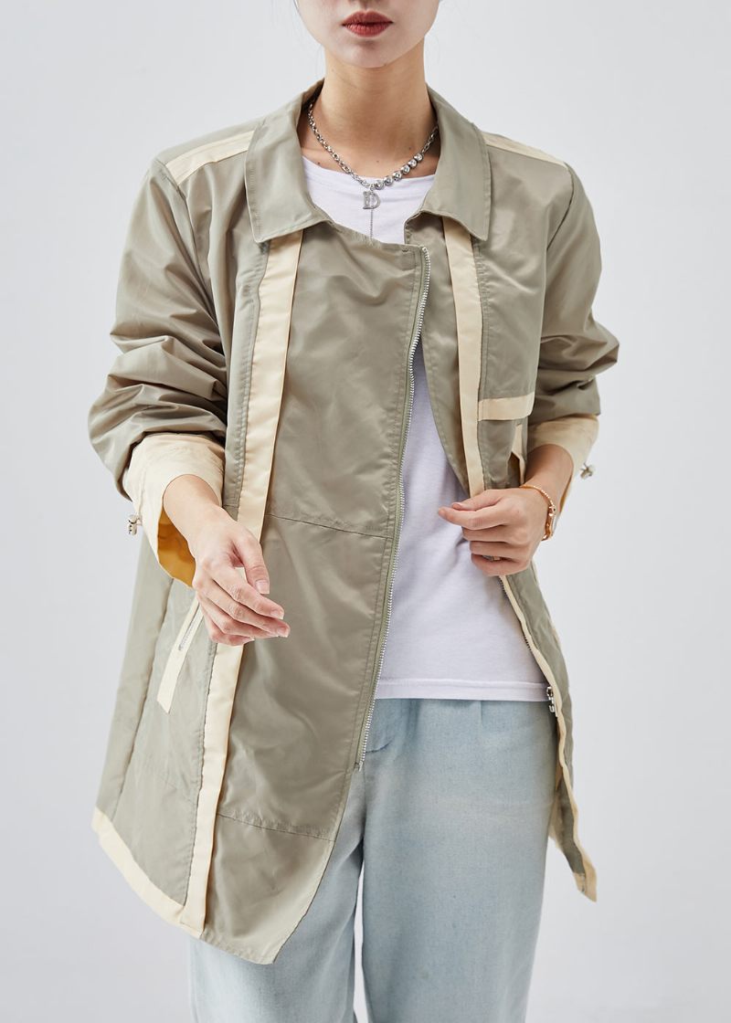 Casual Ljusgrön Zip Up Patchwork Cotton Trench Spring