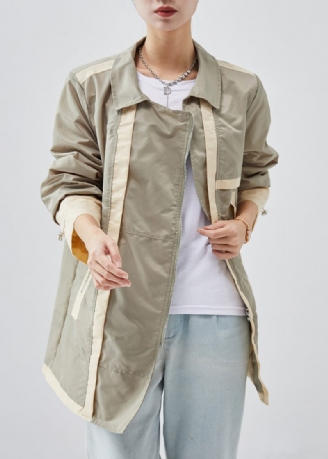 Casual Ljusgrön Zip Up Patchwork Cotton Trench Spring