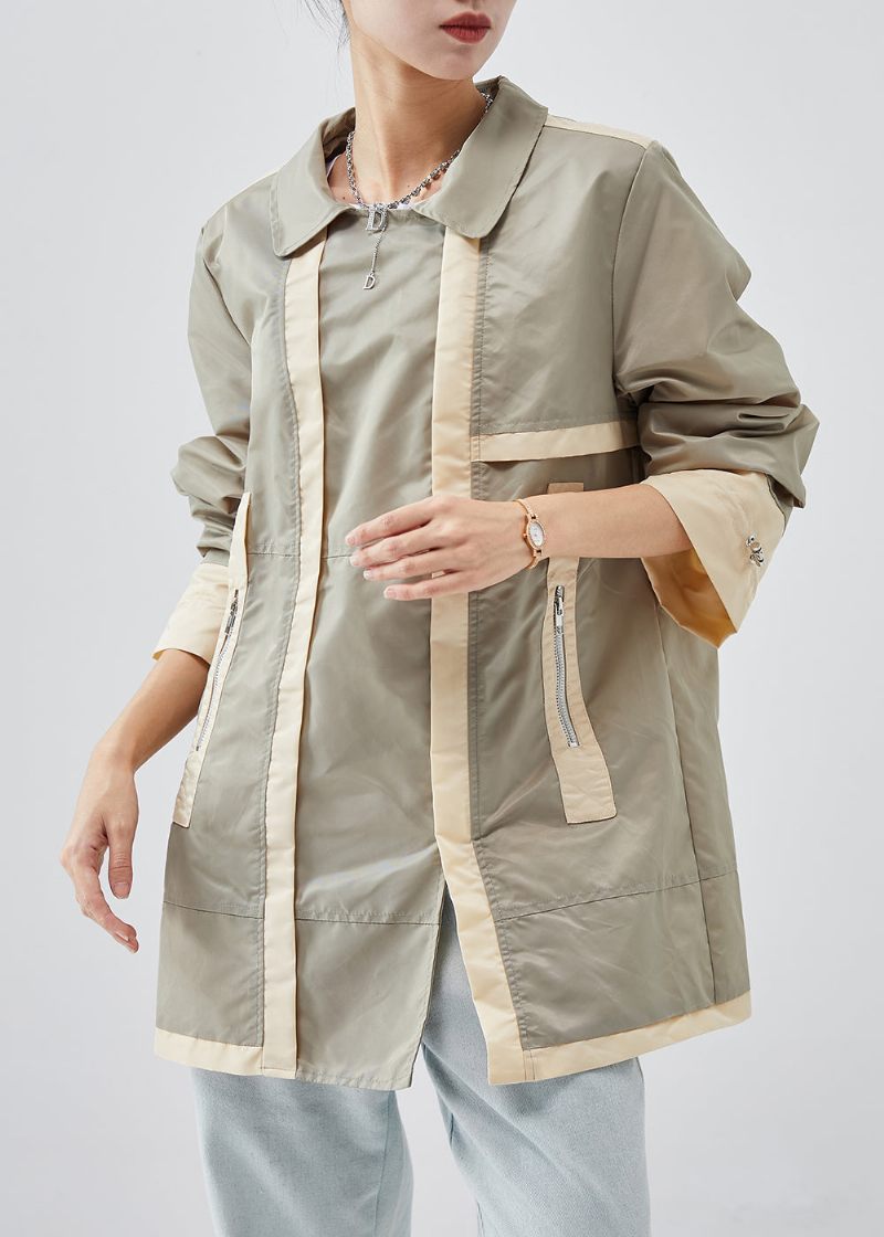 Casual Ljusgrön Zip Up Patchwork Cotton Trench Spring - Trenchcoats för kvinnor