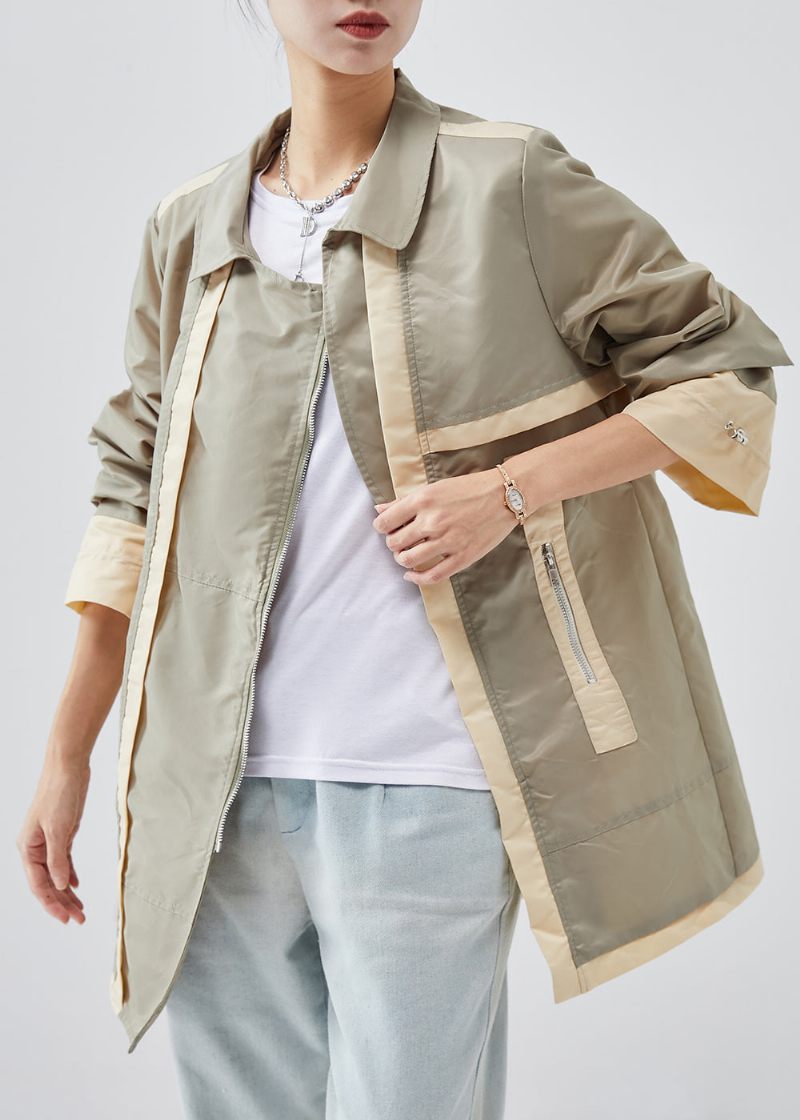 Casual Ljusgrön Zip Up Patchwork Cotton Trench Spring - Trenchcoats för kvinnor