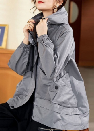 Casual Lösa Gråa Fickor Patchwork Bomull Hooded Coat Fall