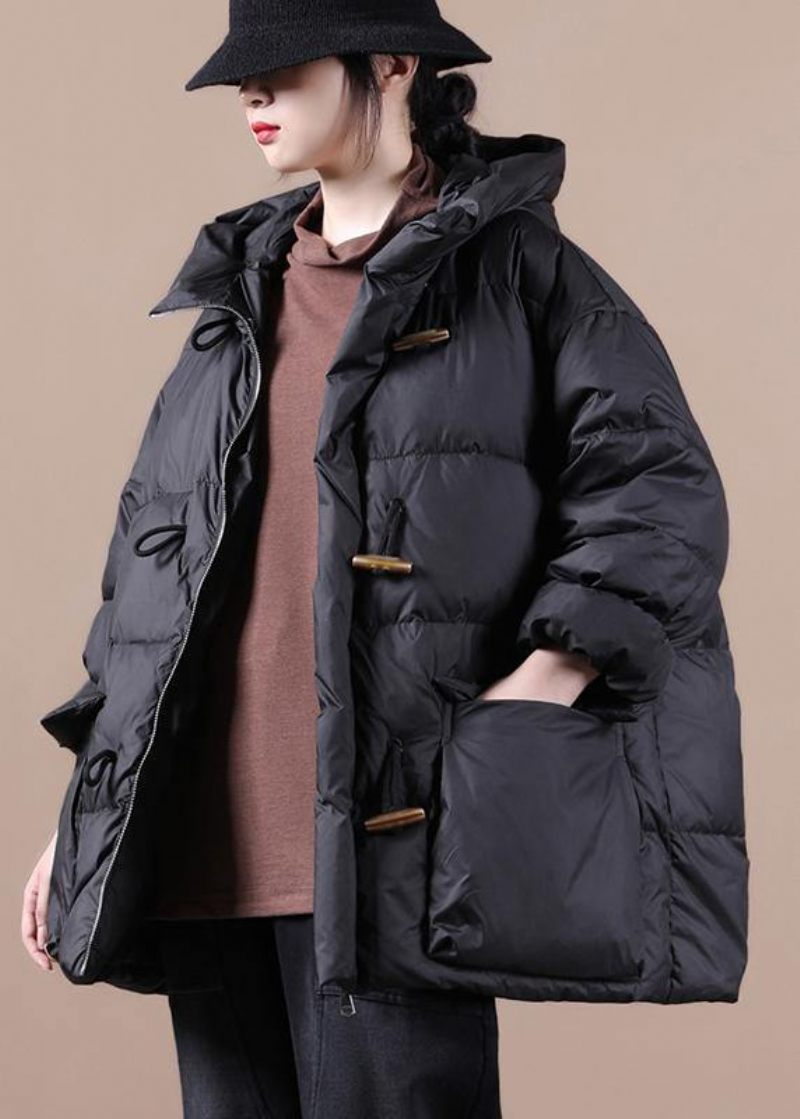 Casual Lössittande Kvinnor Parka Overcoat Svart Hooded Pockets Cotton Coat