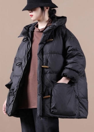 Casual Lössittande Kvinnor Parka Overcoat Svart Hooded Pockets Cotton Coat