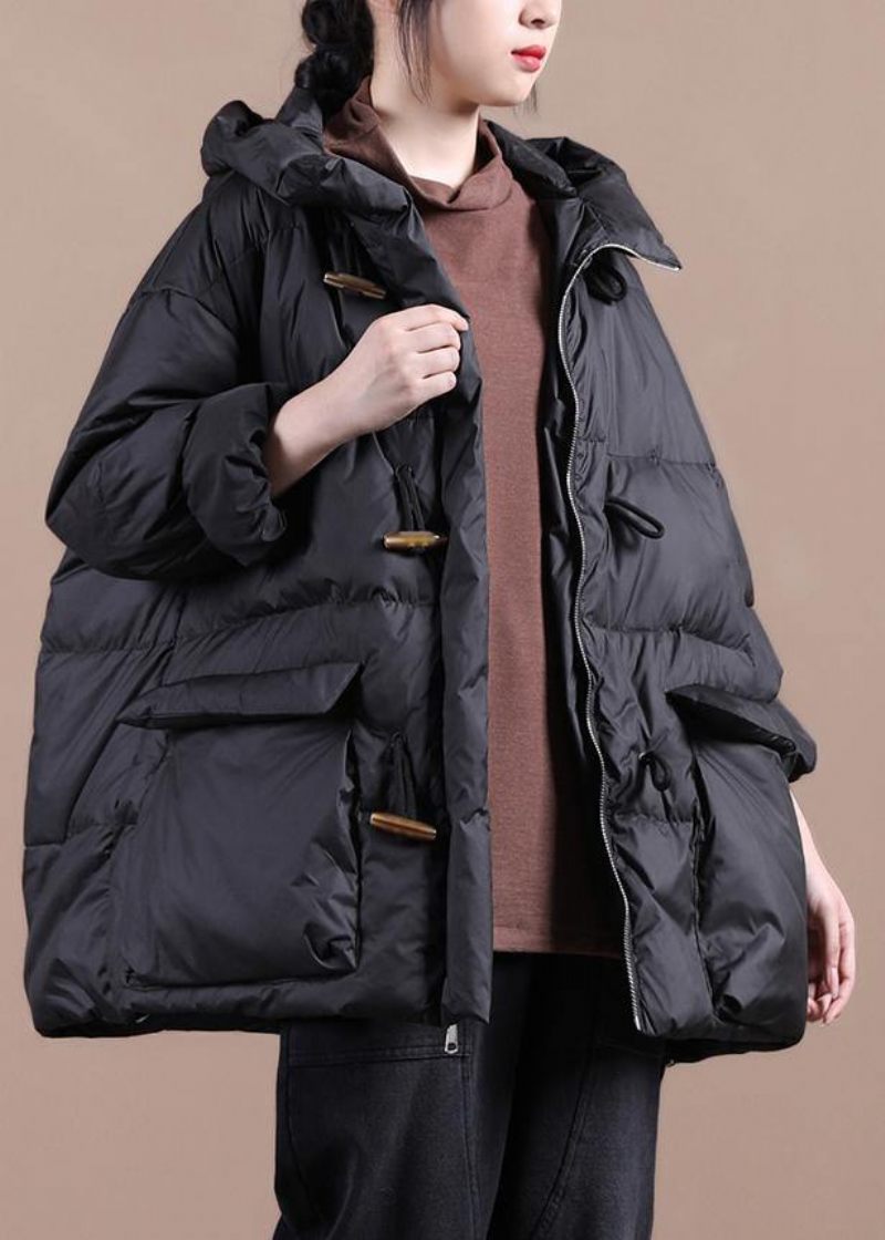 Casual Lössittande Kvinnor Parka Overcoat Svart Hooded Pockets Cotton Coat - Dunjackor för kvinnor