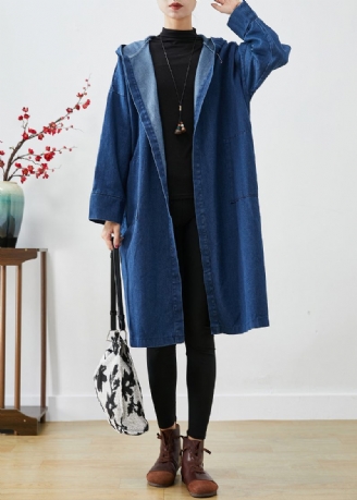 Casual Marinblå Hooded Oversized Cotton Trench Coats Fall