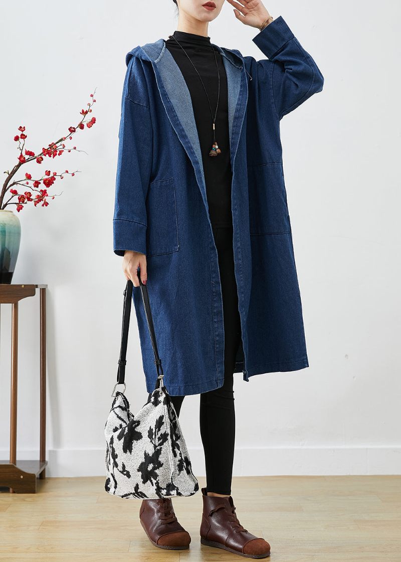 Casual Marinblå Hooded Oversized Cotton Trench Coats Fall - Trenchcoats för kvinnor