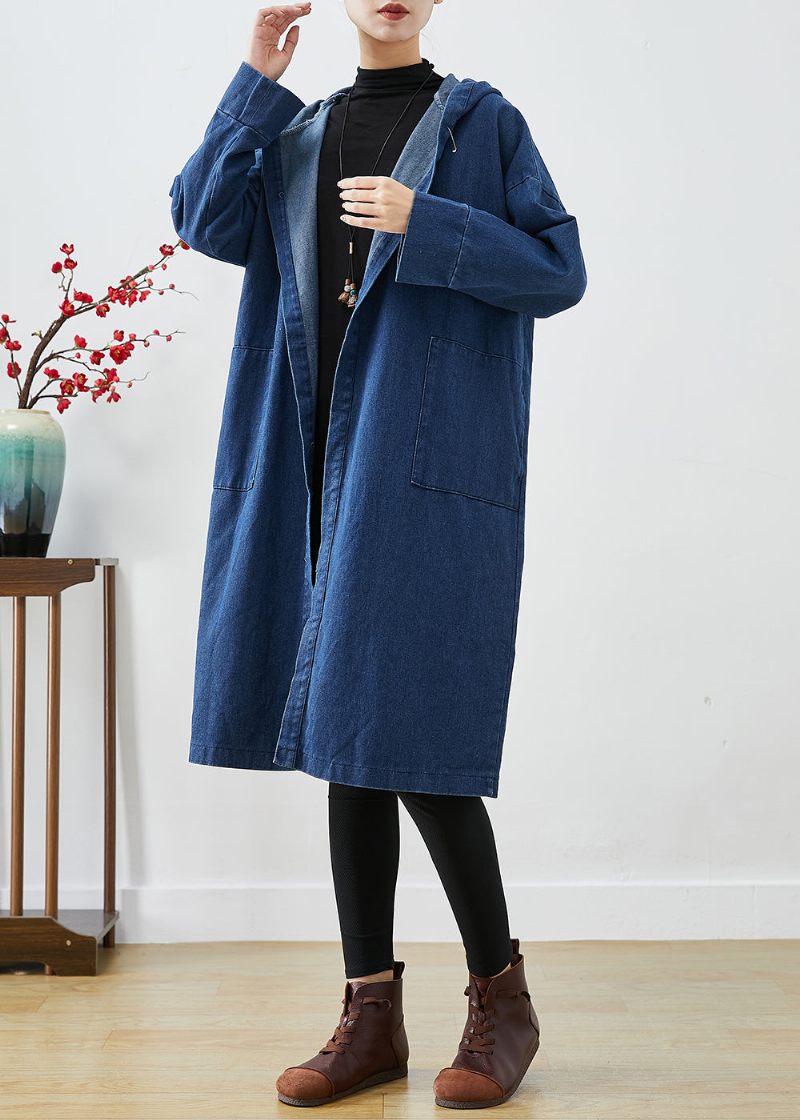 Casual Marinblå Hooded Oversized Cotton Trench Coats Fall - Trenchcoats för kvinnor