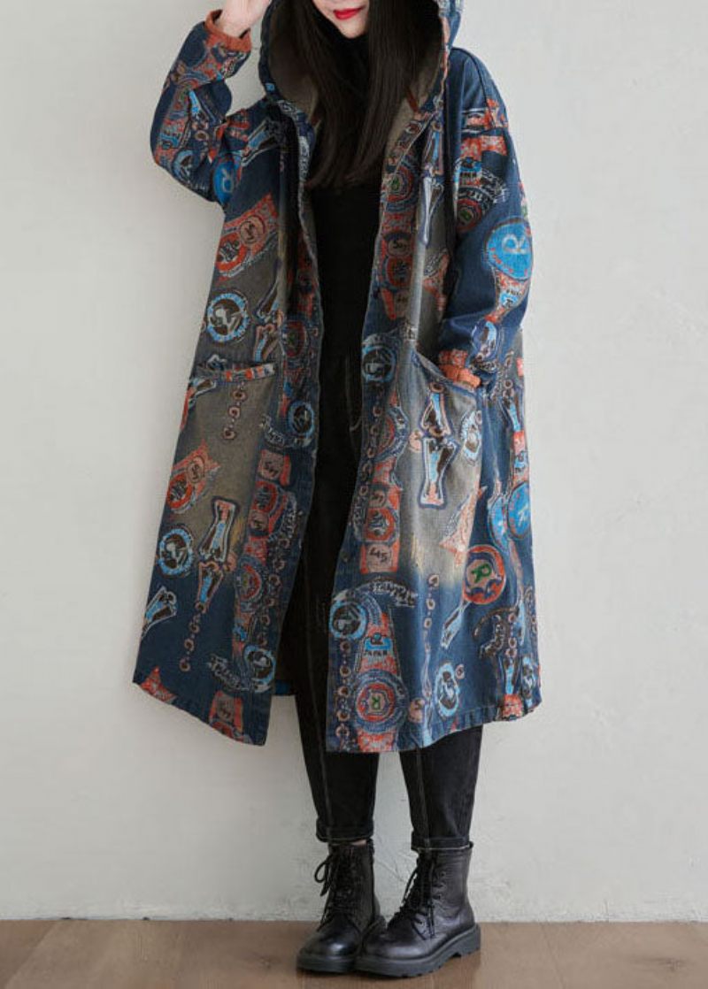 Casual Marinblå Hooded Patchwork Print Denim Cardigan Spring