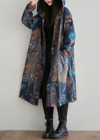 Casual Marinblå Hooded Patchwork Print Denim Cardigan Spring