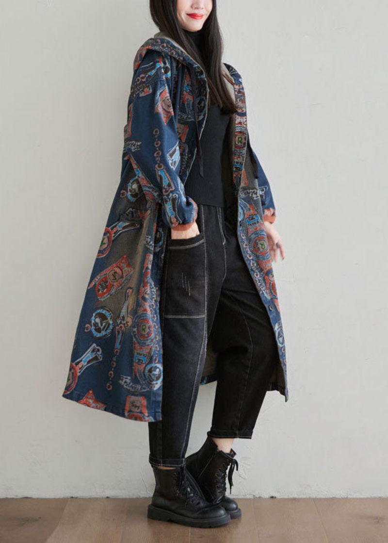 Casual Marinblå Hooded Patchwork Print Denim Cardigan Spring - Koftor för kvinnor