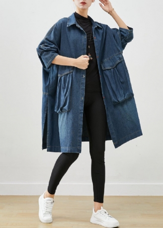 Casual Marinblå Överdimensionerade Stora Fickor Denim Trench Fall