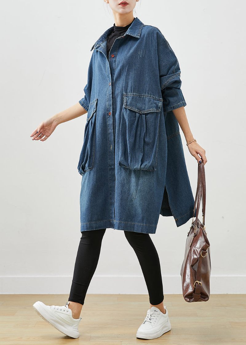 Casual Marinblå Överdimensionerade Stora Fickor Denim Trench Fall - Trenchcoats för kvinnor