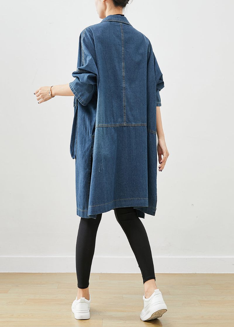 Casual Marinblå Överdimensionerade Stora Fickor Denim Trench Fall - Trenchcoats för kvinnor