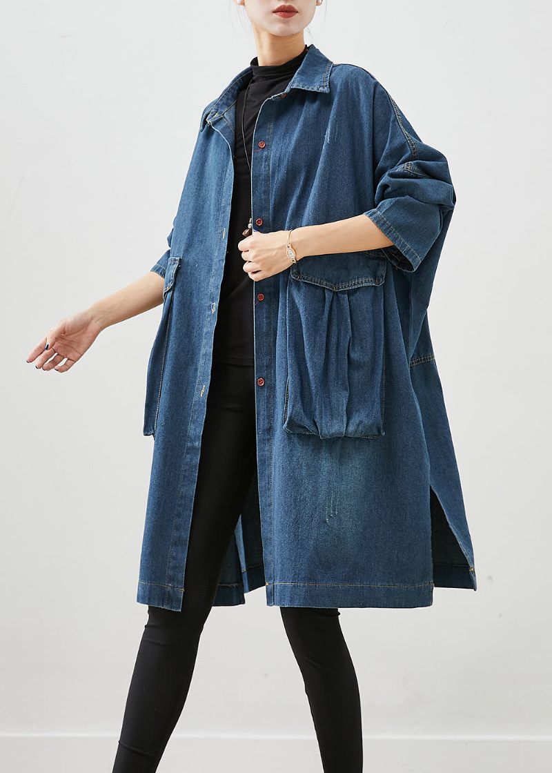 Casual Marinblå Överdimensionerade Stora Fickor Denim Trench Fall - Trenchcoats för kvinnor