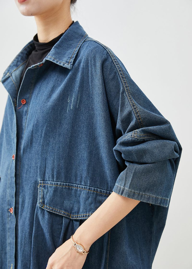 Casual Marinblå Överdimensionerade Stora Fickor Denim Trench Fall - Trenchcoats för kvinnor